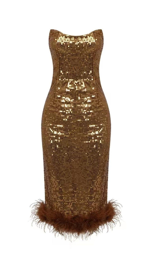 AIIZIE SEQUINED PLUSH SLIM FIT DRESS IN BROWN - product image