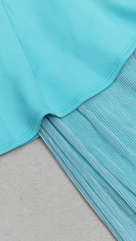 ONE SHOULDER BODYCON RUFFLED MESH BLUE PLEATED MIDI DRESS