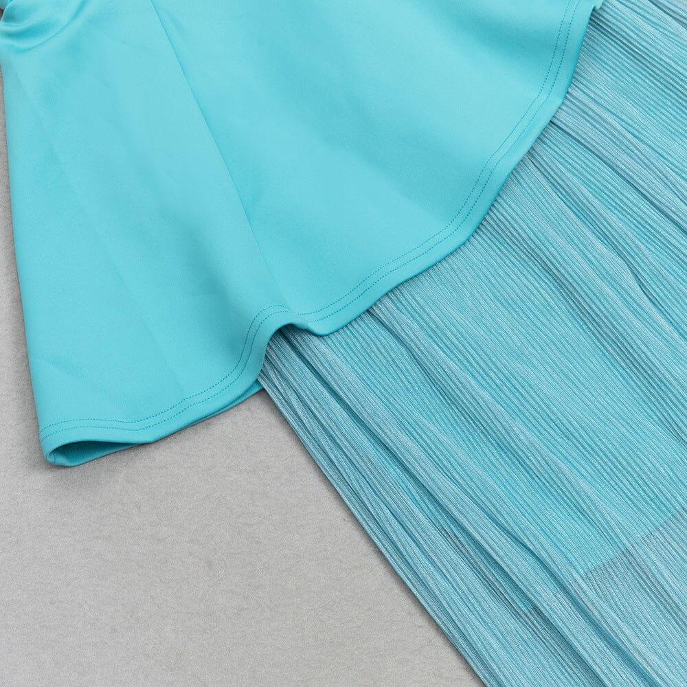 AIIZIE ONE SHOULDER BODYCON RUFFLED MESH BLUE PLEATED MIDI DRESS - product image