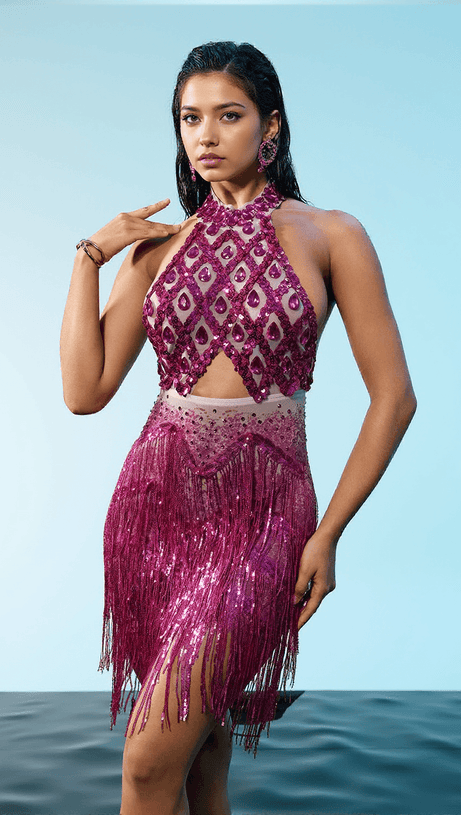 MIKA HALTERNECK RHINESTONE FRINGE DRESS