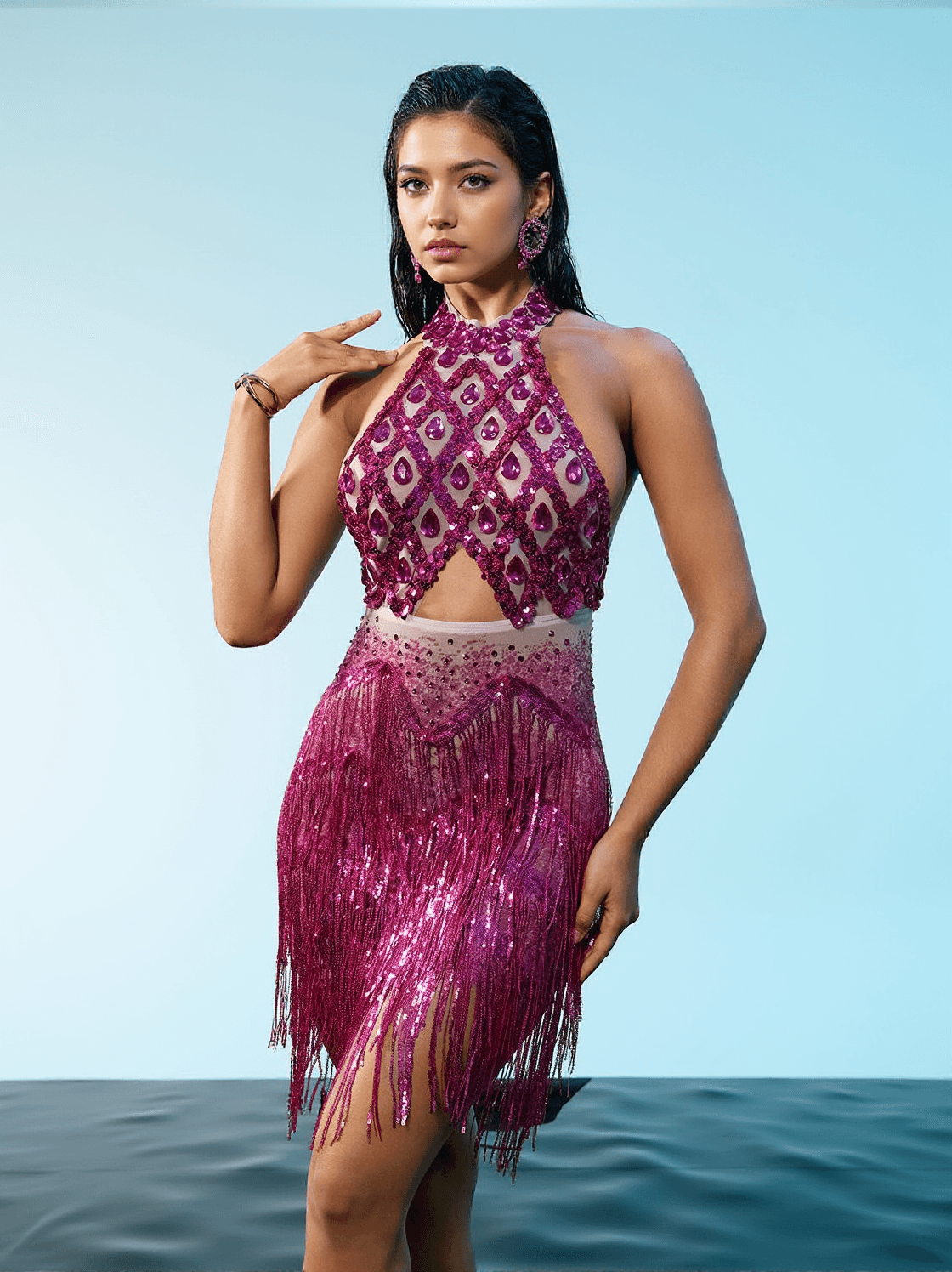 MIKA HALTERNECK RHINESTONE FRINGE DRESS