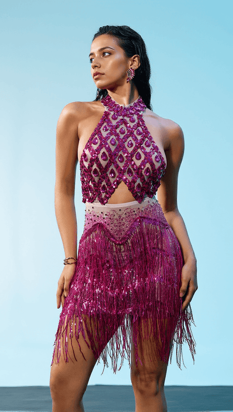 MIKA HALTERNECK RHINESTONE FRINGE DRESS
