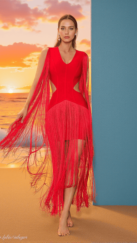 Mariko Bandage-Kleid mit Fransenausschnitt
