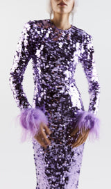 SEQUIN PATCHWORK PLUSH CUFF DRESS IN PURPLE