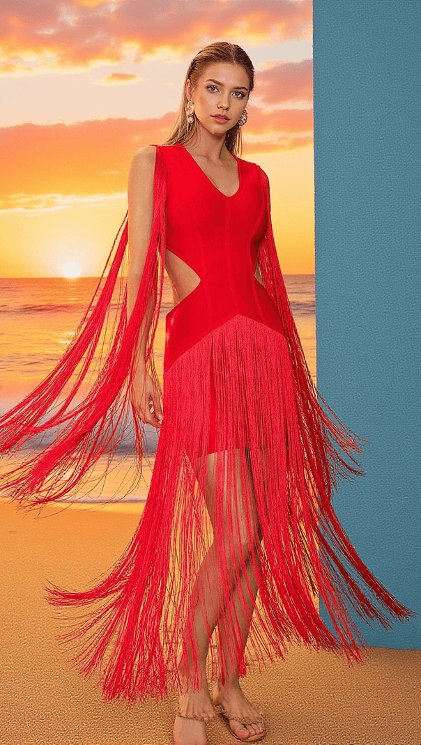 AIIZIE MARIKO FRINGE CUTOUT BANDAGE DRESS - product image