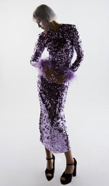 SEQUIN PATCHWORK PLUSH CUFF DRESS IN PURPLE