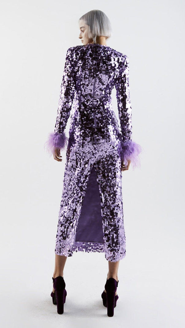 AIIZIE SEQUIN PATCHWORK PLUSH CUFF DRESS IN PURPLE - product image