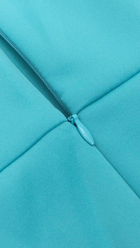 ONE SHOULDER BODYCON RUFFLED MESH BLUE PLEATED MIDI DRESS