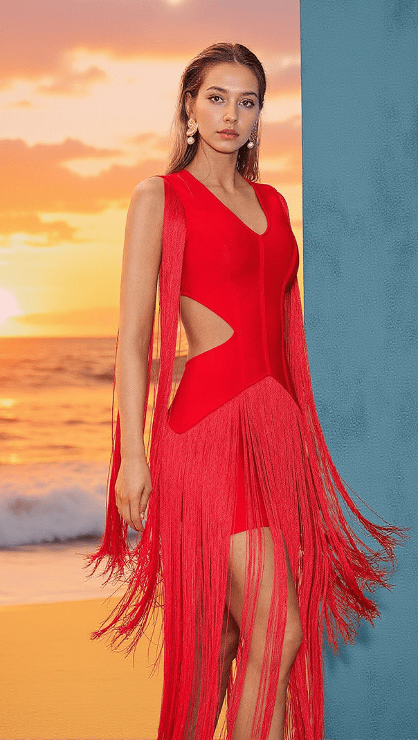 AIIZIE MARIKO FRINGE CUTOUT BANDAGE DRESS - product image