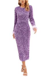 SEQUIN PATCHWORK PLUSH CUFF DRESS IN PURPLE