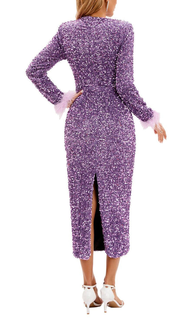 AIIZIE SEQUIN PATCHWORK PLUSH CUFF DRESS IN PURPLE - product image