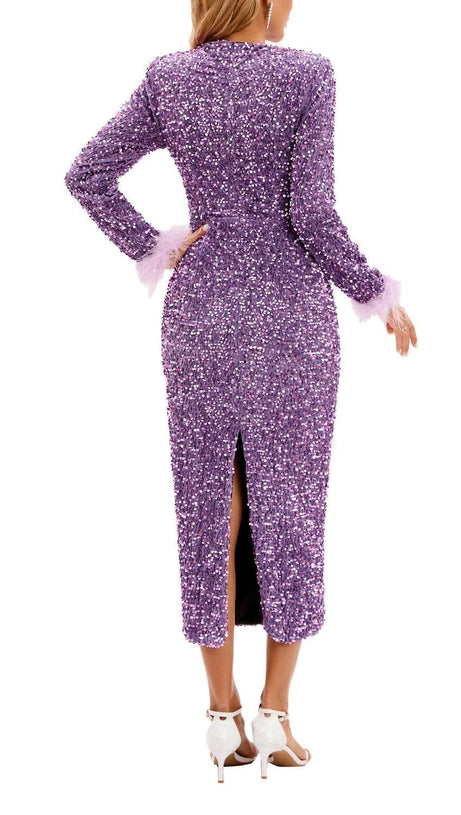 SEQUIN PATCHWORK PLUSH CUFF DRESS IN PURPLE