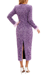 SEQUIN PATCHWORK PLUSH CUFF DRESS IN PURPLE