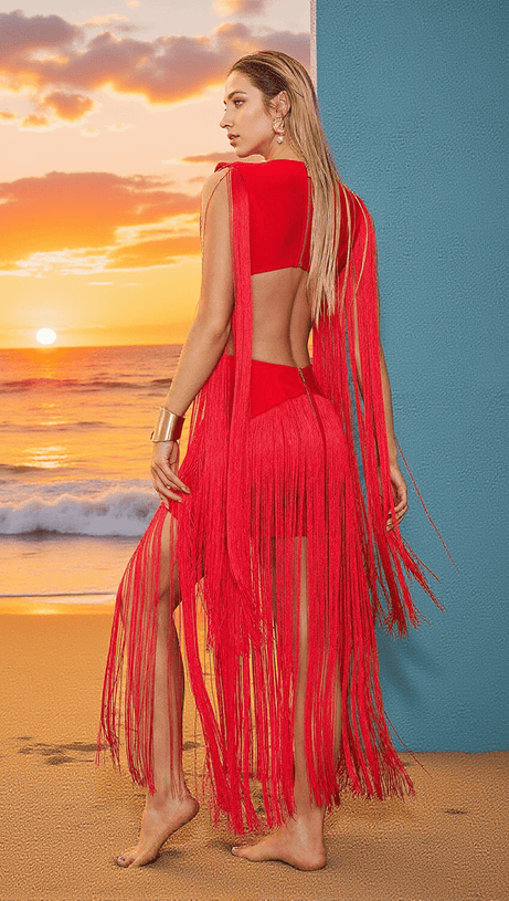MARIKO FRINGE CUTOUT BANDAGE DRESS