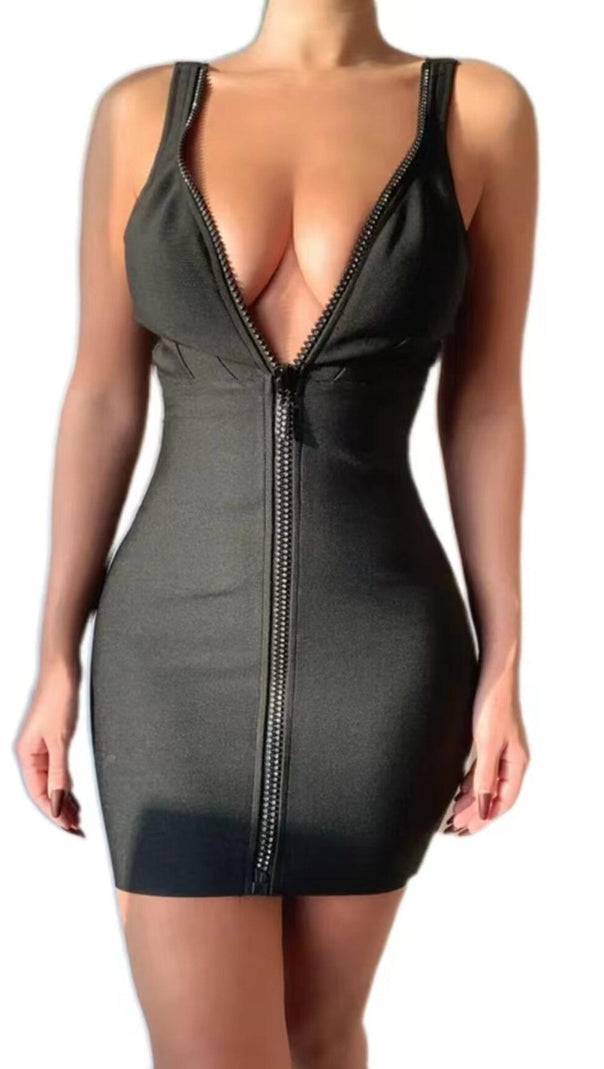 AIIZIE BANDAGE SEXY FRONT ZIP DRESS IN BLACK - product image