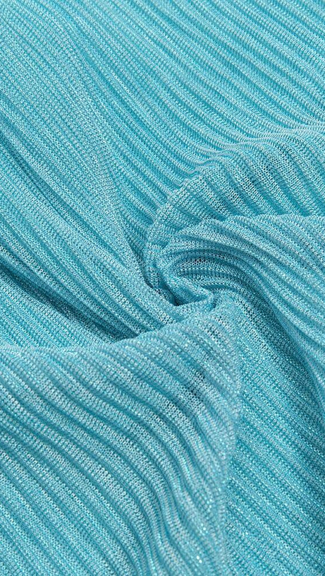 ONE SHOULDER BODYCON RUFFLED MESH BLUE PLEATED MIDI DRESS