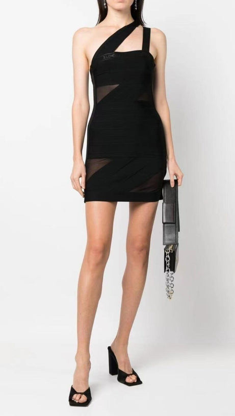 MINI ABITO AVVOLGENTE IN RETE PATCHWORK CON FASCE IN NERO