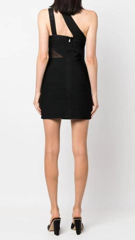 MINI ABITO AVVOLGENTE IN RETE PATCHWORK CON FASCE IN NERO