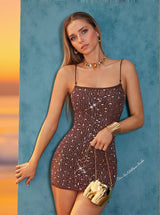 Emmanuelle Spaghetti Embellished Mini Dress In Brown