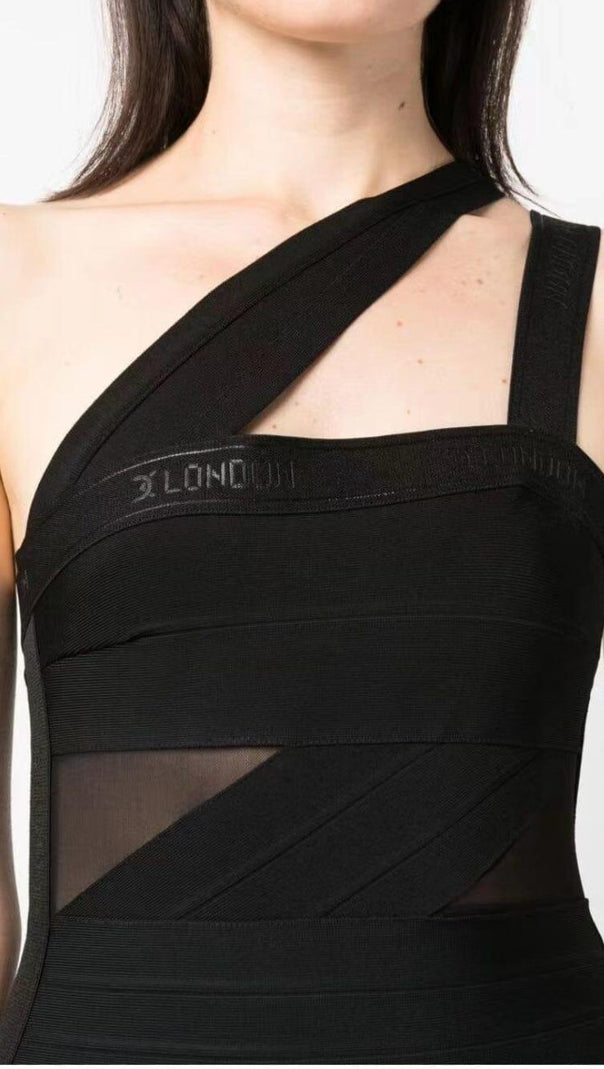 AIIZIE BANDAGE MESH PATCHWORK MINI WRAP DRESS IN BLACK - product image