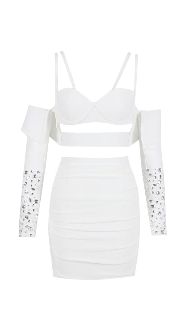 AIIZIE BANDAGE BRIGHT DIAMOND HOLLOW TWO PIECE HALTER WRAP DRESS IN WHITE - product image