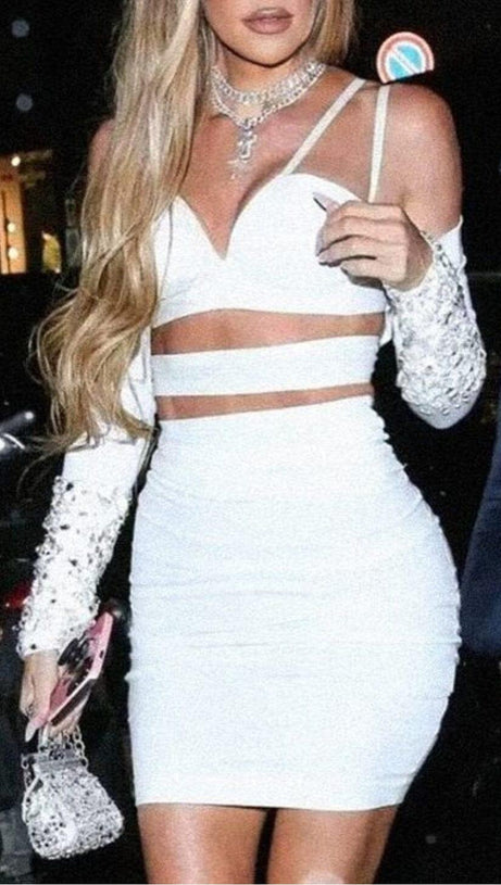 BANDAGE BRIGHT DIAMOND HOLLOW TWO PIECE HALTER WRAP DRESS IN WHITE