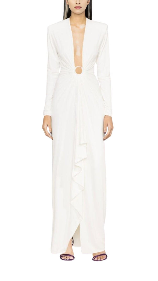 AIIZIE WHITE PLUNGE-NECK DRAPED GOWN - product image