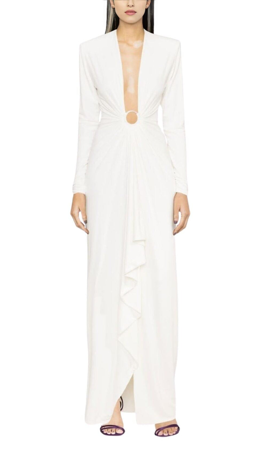 WHITE PLUNGE-NECK DRAPED GOWN