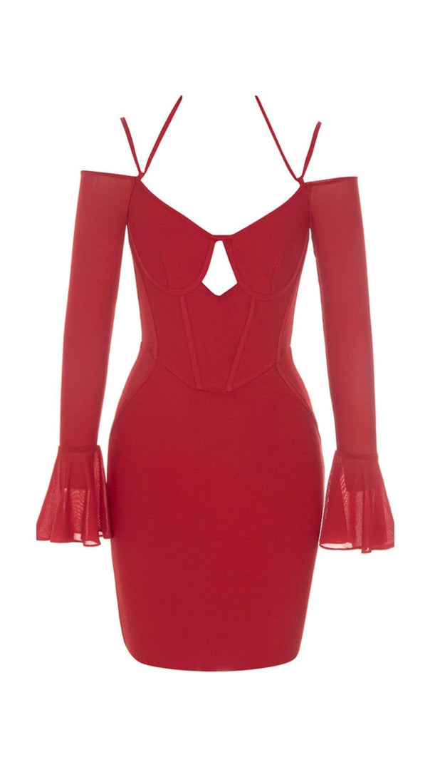 Bandage-Kleid mit hängendem Hals, Rüschenärmeln, schmalem Stretch-Kleid in Rot