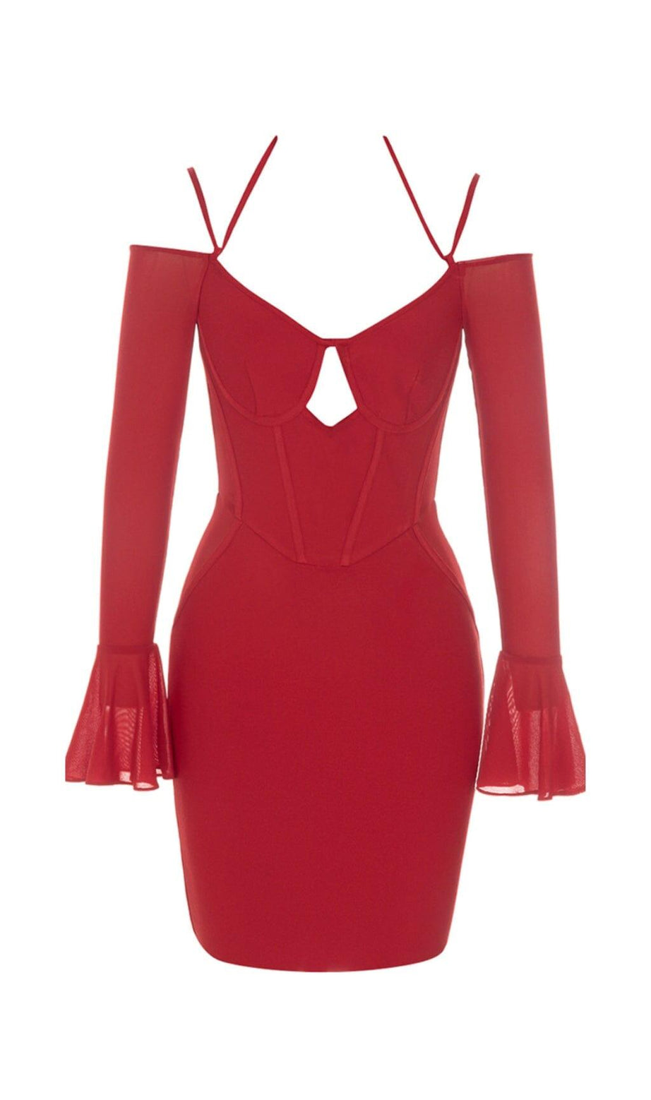 ABITO ELASTICIZZATO SLIM CON BENDAGGIO, MANICHE A VOLANT E COLLO APPESO, ROSSO