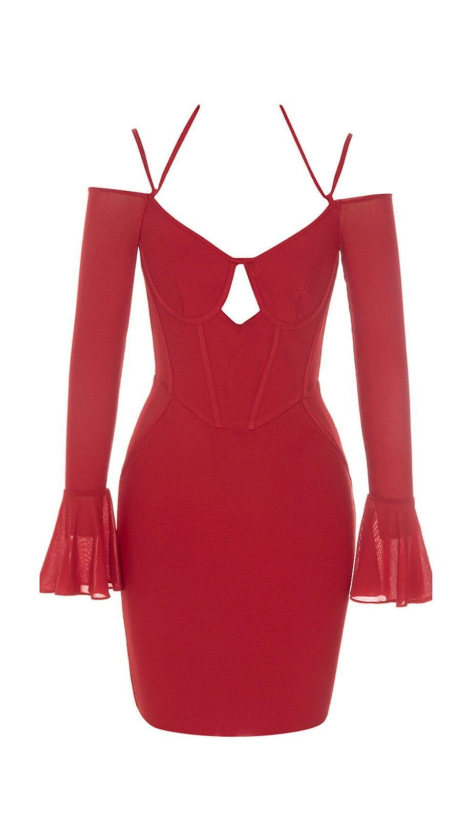 BANDAGE HANGING NECK RUFFLE SLEEVE STRETCH SLIM DRESS IN RED