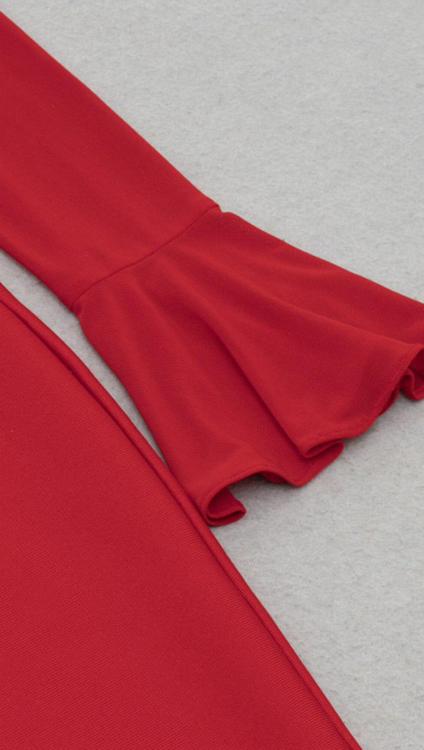 Bandage-Kleid mit hängendem Hals, Rüschenärmeln, schmalem Stretch-Kleid in Rot