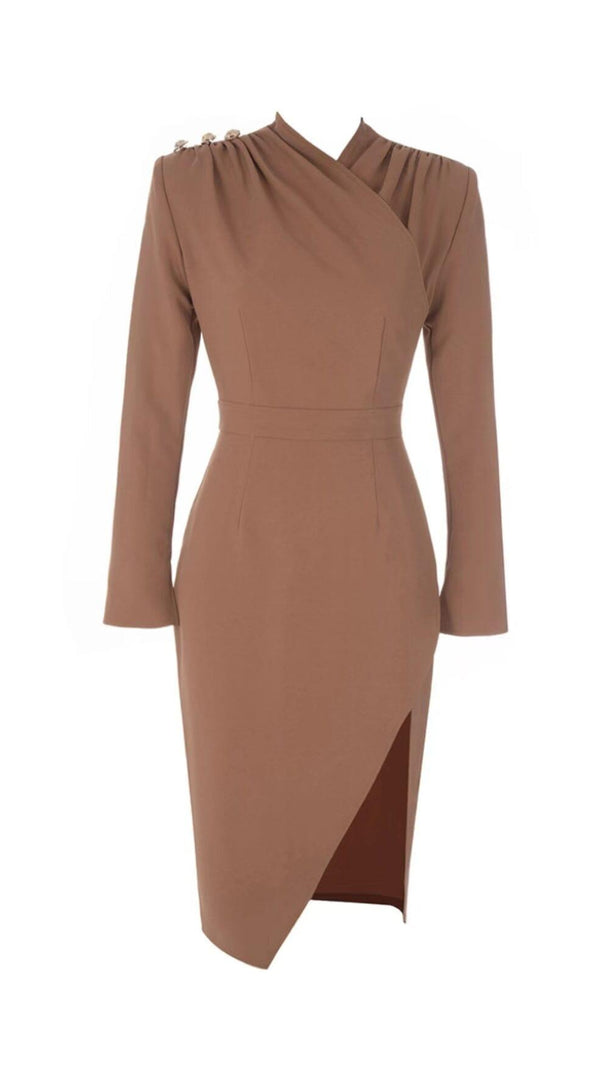 AIIZIE IRREGULAR PLEATED HIGH SPLIT METAL BUCKLE DRESS IN CAMEL - product image
