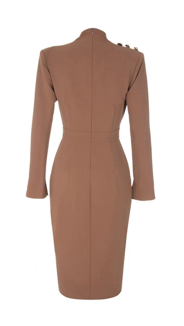 AIIZIE IRREGULAR PLEATED HIGH SPLIT METAL BUCKLE DRESS IN CAMEL - product image