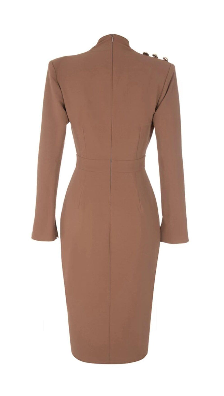 ABITO CON FIBBIA IN METALLO E SPACCO ALTO A PLISSETTE IRREGOLARI COLOR CAMMELLO