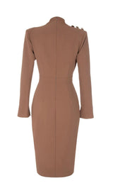 IRREGULAR PLEATED HIGH SPLIT METAL BUCKLE DRESS IN CAMEL