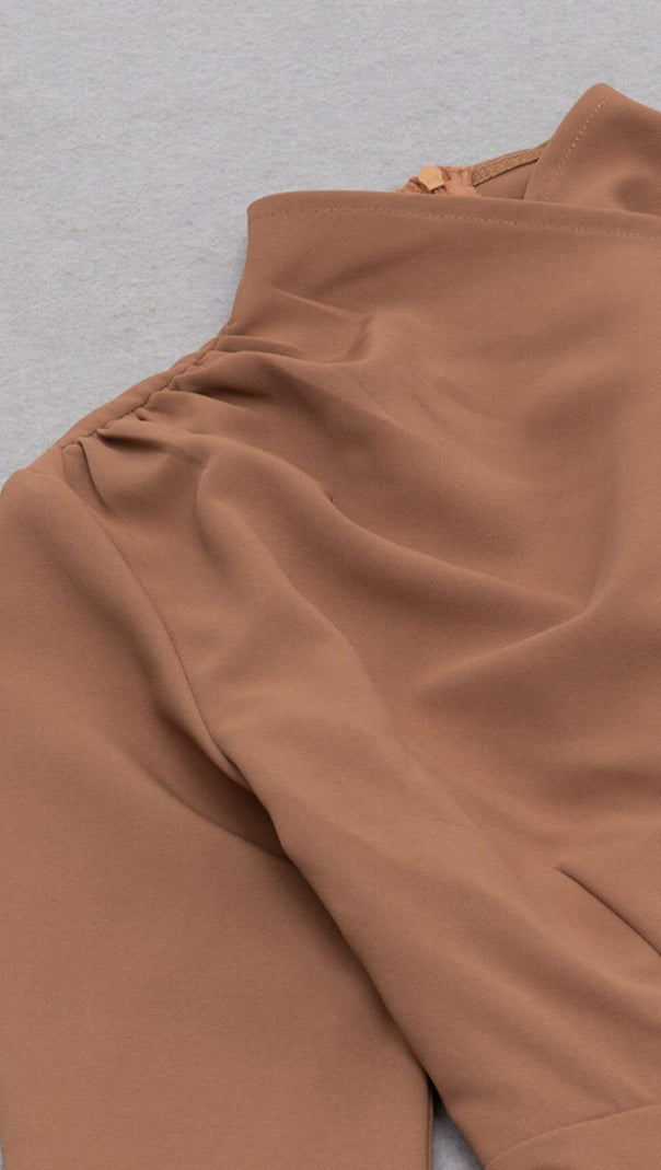AIIZIE IRREGULAR PLEATED HIGH SPLIT METAL BUCKLE DRESS IN CAMEL - product image
