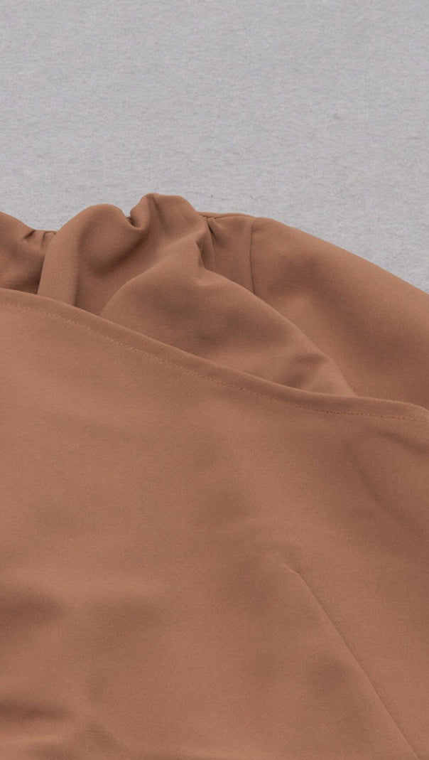 AIIZIE IRREGULAR PLEATED HIGH SPLIT METAL BUCKLE DRESS IN CAMEL - product image