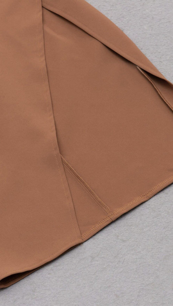 AIIZIE IRREGULAR PLEATED HIGH SPLIT METAL BUCKLE DRESS IN CAMEL - product image