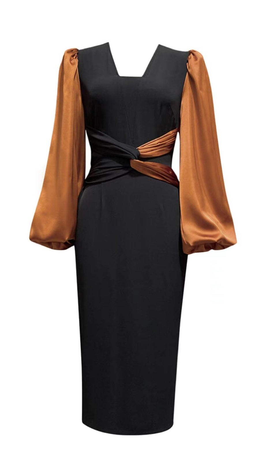 LONG LANTERN SLEEVE CROSS BELT DRESS IN BLACK AND BROWN SPLICING