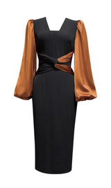 LONG LANTERN SLEEVE CROSS BELT DRESS IN BLACK AND BROWN SPLICING