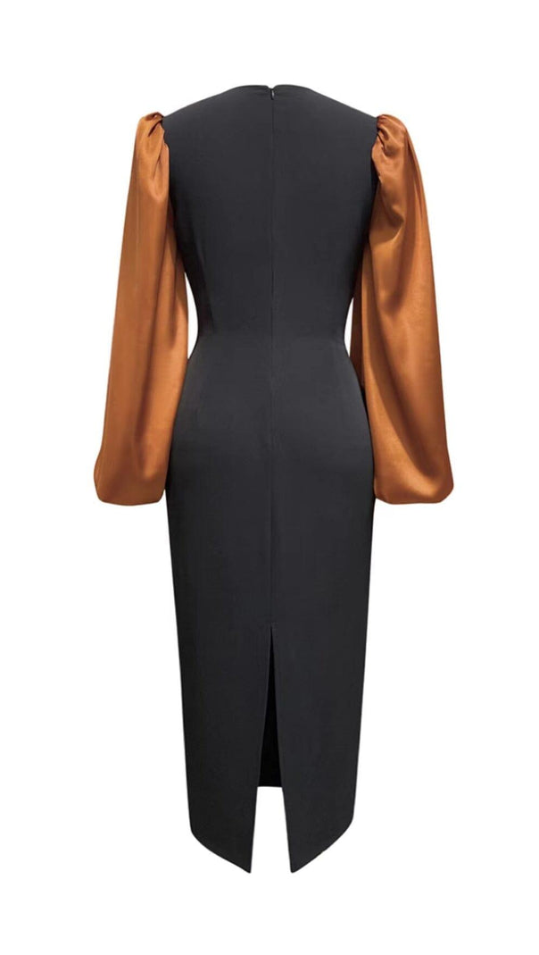 AIIZIE LONG LANTERN SLEEVE CROSS BELT DRESS IN BLACK AND BROWN SPLICING - product image