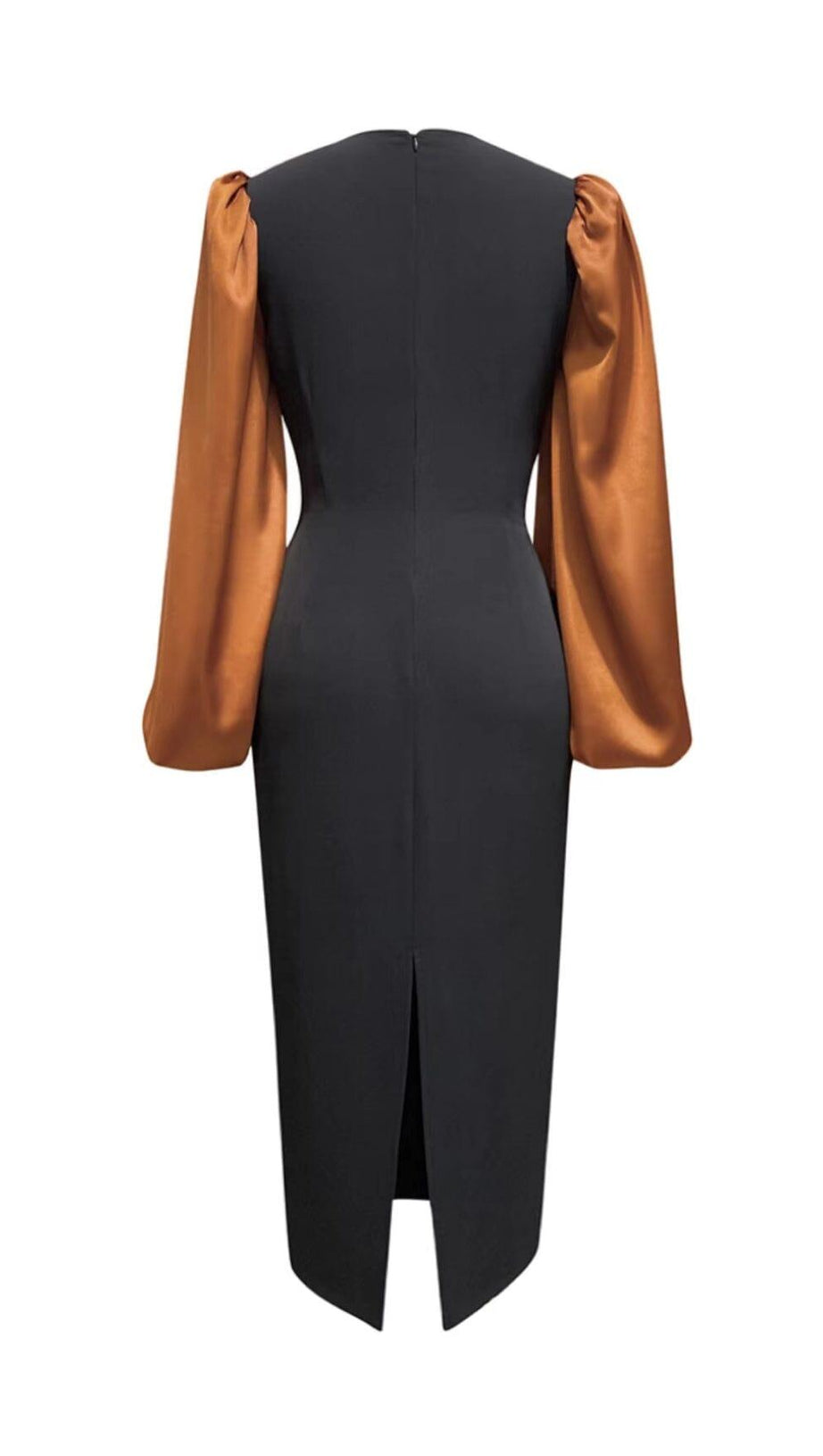 LONG LANTERN SLEEVE CROSS BELT DRESS IN BLACK AND BROWN SPLICING