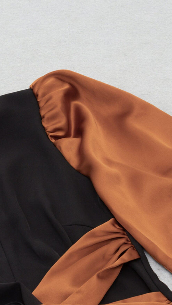 AIIZIE LONG LANTERN SLEEVE CROSS BELT DRESS IN BLACK AND BROWN SPLICING - product image