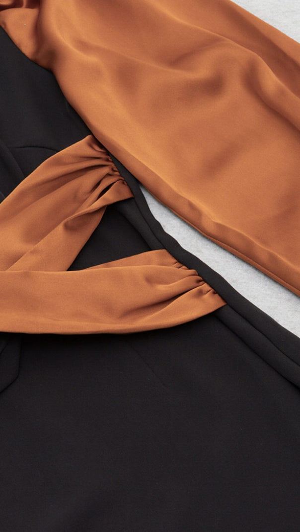AIIZIE LONG LANTERN SLEEVE CROSS BELT DRESS IN BLACK AND BROWN SPLICING - product image