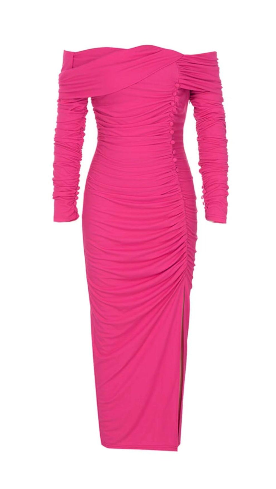 PLEATED OFF SHOULDER HIGH SPLIT DRESS IN BRIGHT PINK