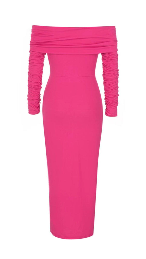 AIIZIE PLEATED OFF SHOULDER HIGH SPLIT DRESS IN BRIGHT PINK - product image