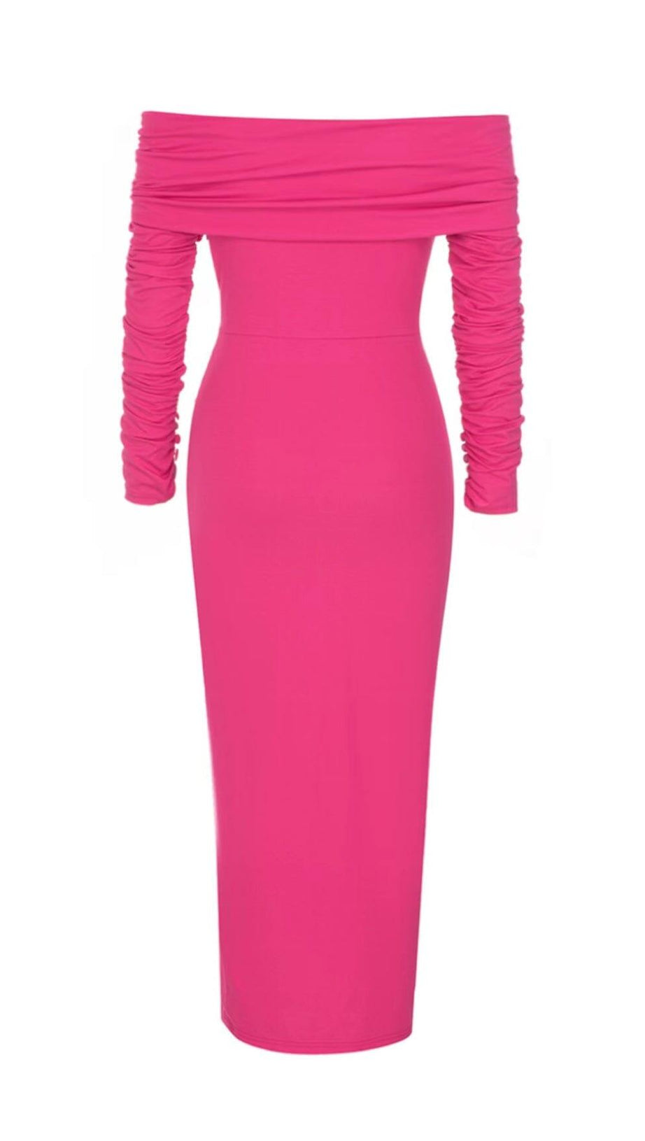 PLEATED OFF SHOULDER HIGH SPLIT DRESS IN BRIGHT PINK