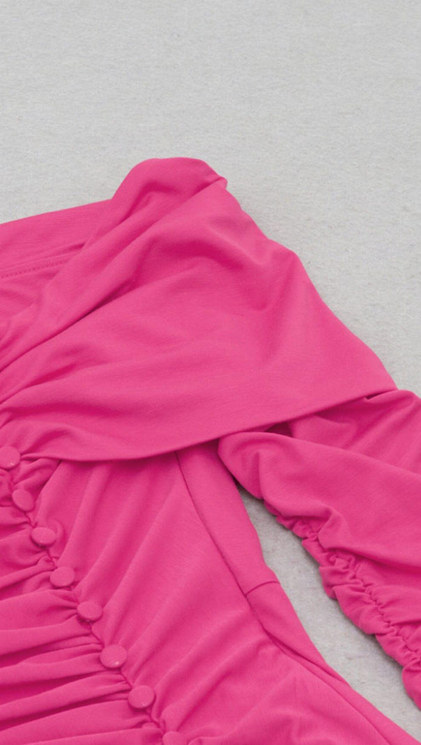 AIIZIE PLEATED OFF SHOULDER HIGH SPLIT DRESS IN BRIGHT PINK - product image