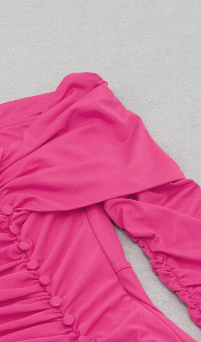 PLEATED OFF SHOULDER HIGH SPLIT DRESS IN BRIGHT PINK